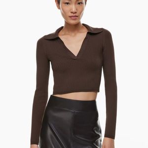Aritzia Babaton Sculpt Knit Polo Longsleeve in Rich Mocha Brown